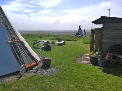Tipi pitch with outdoor furniture and cooking facilities